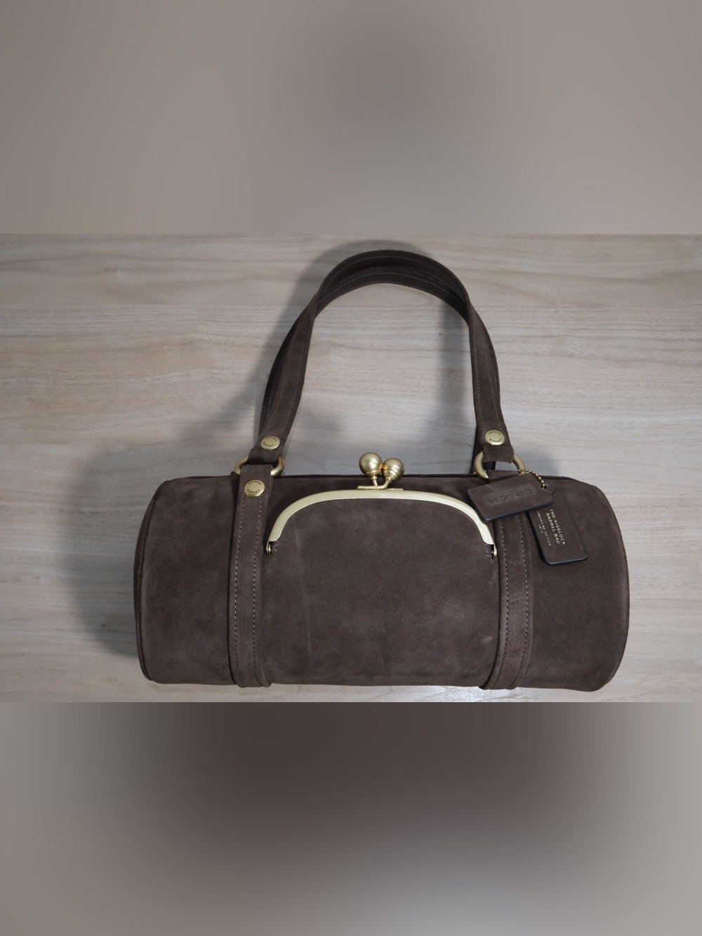 Coach Brown Suede kisslock Barrel Bag